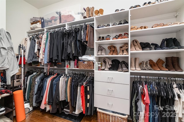 walk in closet with dark hardwood / wood-style flooring