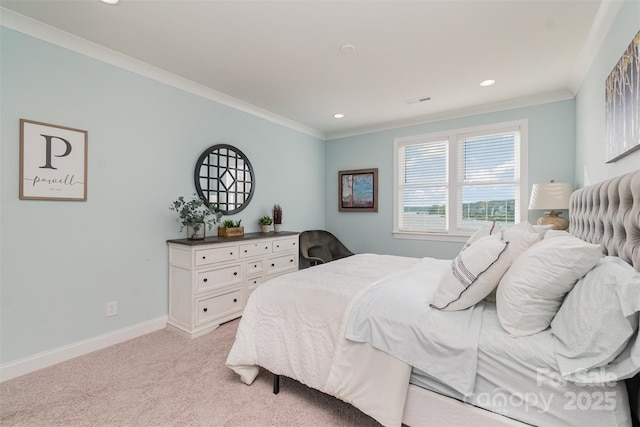 bedroom featuring ornamental molding and light colored carpet