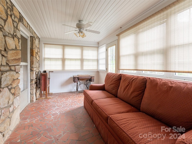 sunroom featuring ceiling fan and wood ceiling