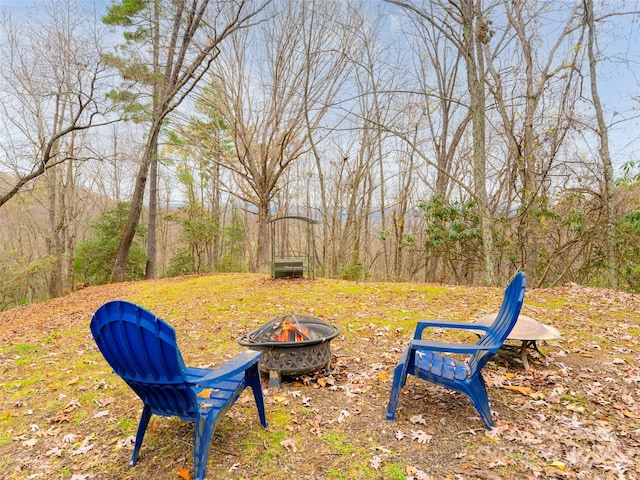 view of yard with a fire pit