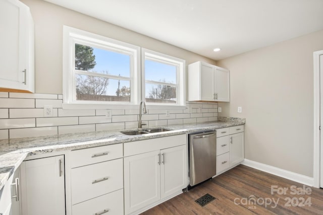 kitchen featuring dark hardwood / wood-style flooring, white cabinets, backsplash, sink, and dishwasher