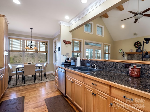 kitchen with dishwasher, sink, light hardwood / wood-style flooring, ornamental molding, and decorative light fixtures