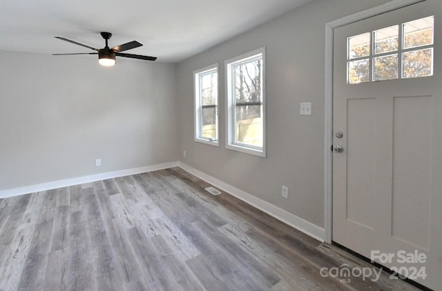 foyer with hardwood / wood-style flooring and ceiling fan