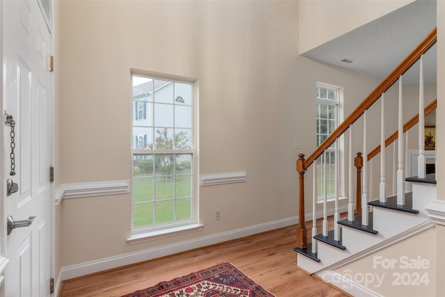 foyer entrance with light hardwood / wood-style flooring and a healthy amount of sunlight