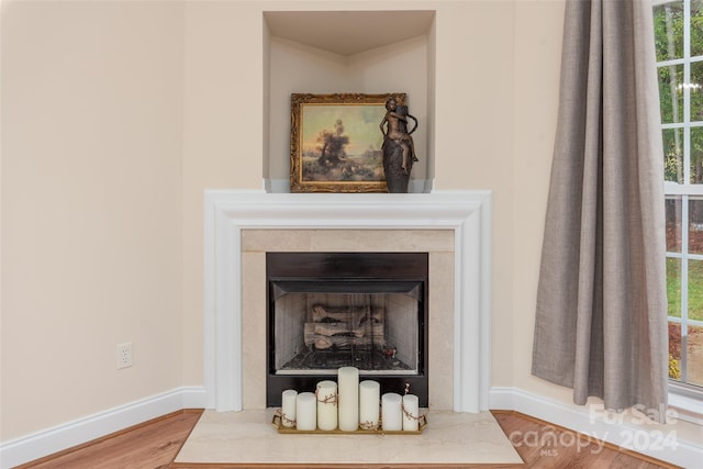 details featuring a fireplace and wood-type flooring