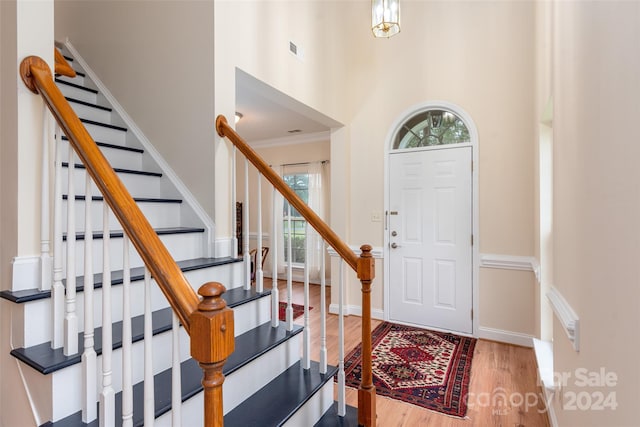 entrance foyer with a towering ceiling, hardwood / wood-style flooring, a wealth of natural light, and ornamental molding