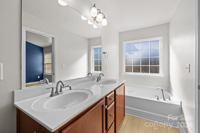 bathroom with wood-type flooring, vanity, and a tub to relax in