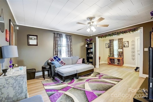 living room with light wood-type flooring, ceiling fan, and ornamental molding