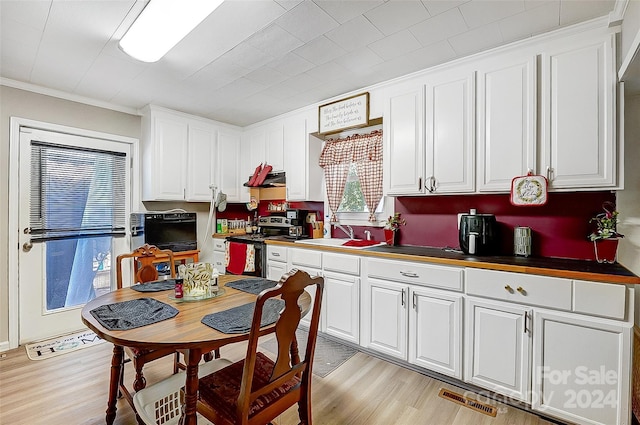 kitchen with white cabinets, sink, light hardwood / wood-style flooring, and stainless steel electric range