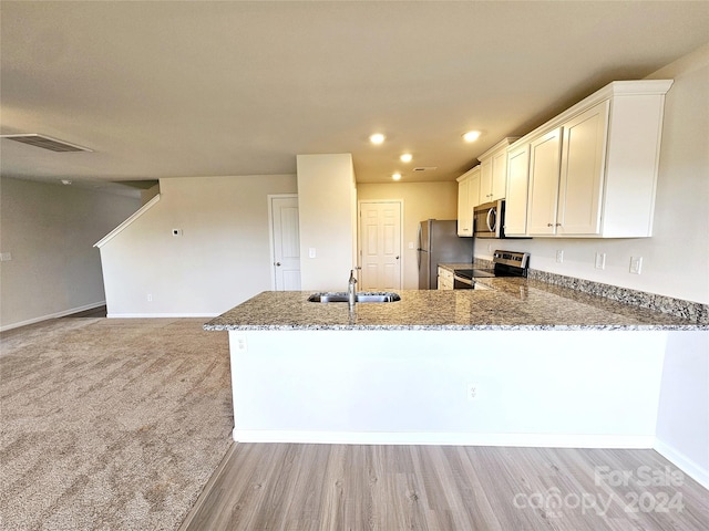 kitchen with kitchen peninsula, stainless steel appliances, white cabinetry, and sink