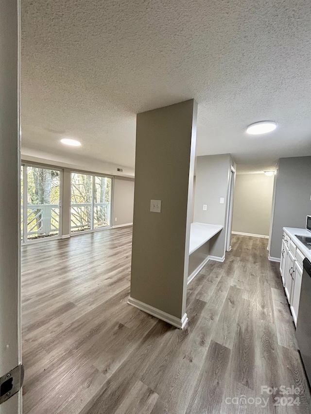 interior space featuring vanity, a textured ceiling, and hardwood / wood-style flooring