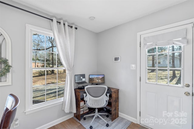 office space with wood-type flooring