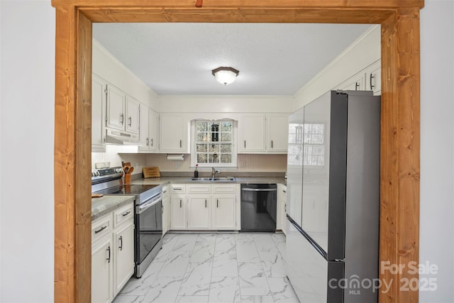 kitchen featuring white cabinets, black dishwasher, white fridge, sink, and electric range