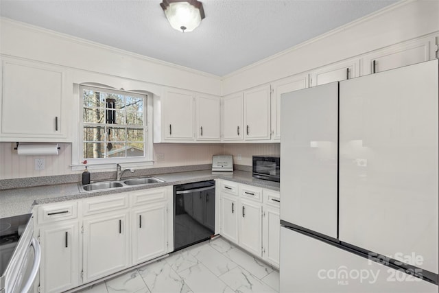 kitchen featuring black appliances, sink, crown molding, white cabinetry, and a textured ceiling