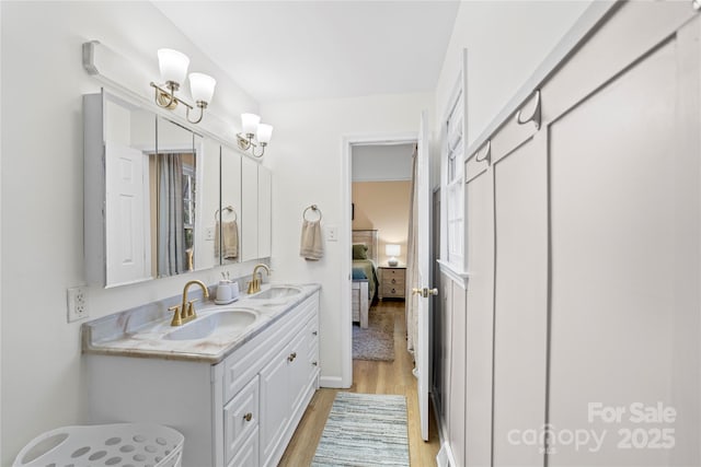 bathroom with wood-type flooring and vanity