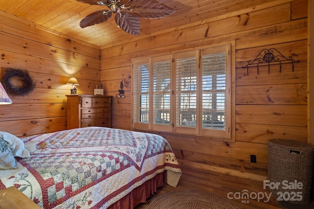 bedroom featuring ceiling fan, wood walls, and wood ceiling