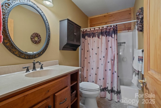 full bathroom featuring shower / bath combination with curtain, vanity, and toilet