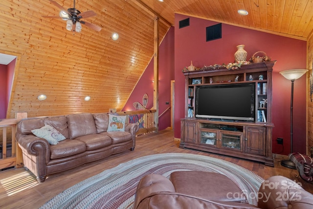 living room with hardwood / wood-style floors, ceiling fan, wood ceiling, and high vaulted ceiling