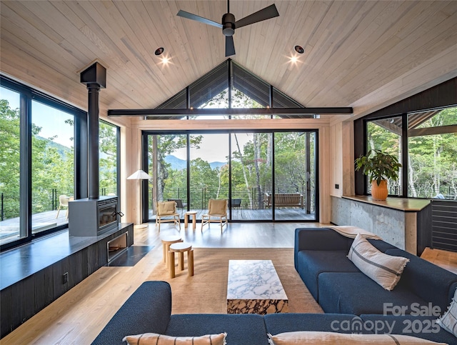 6 Oak Ridge Trl, Black Mountain, NC 28711 - sunroom featuring a wood stove, lofted ceiling, and plenty of natural light