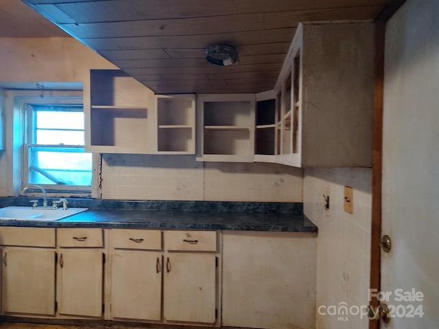 kitchen with backsplash, sink, and wooden ceiling