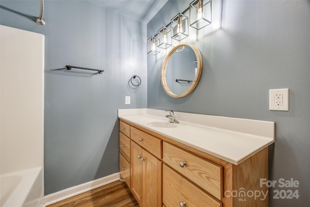 bathroom with hardwood / wood-style floors and vanity