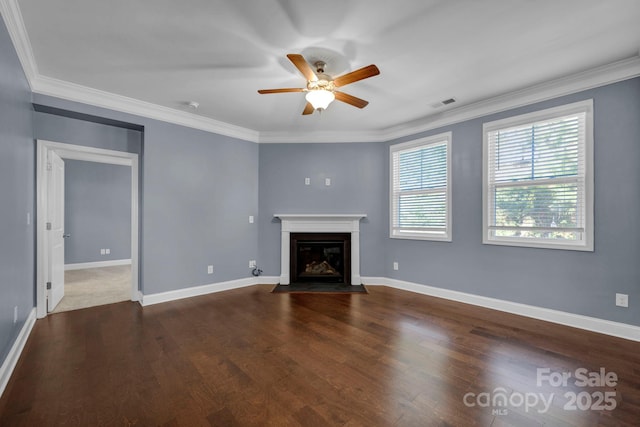 unfurnished living room featuring dark hardwood / wood-style flooring, crown molding, and ceiling fan