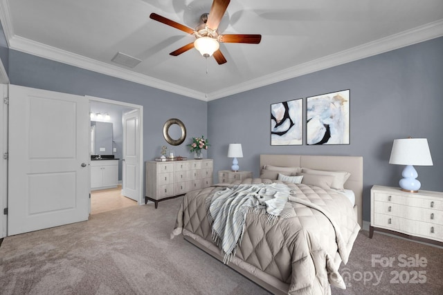 carpeted bedroom featuring crown molding, ceiling fan, and connected bathroom