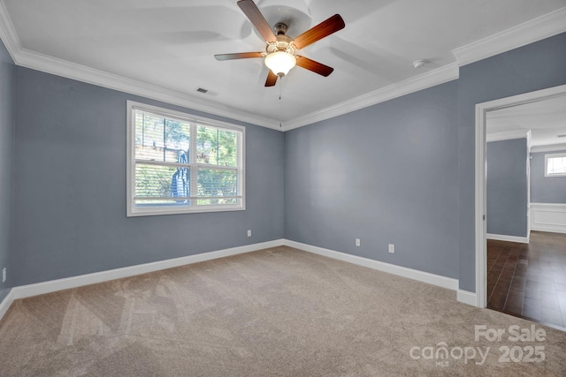 carpeted spare room featuring crown molding and ceiling fan