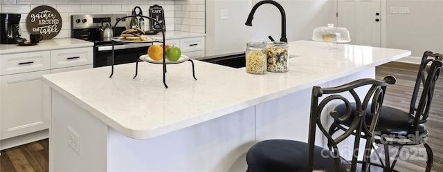 kitchen featuring a kitchen island with sink, decorative backsplash, and white cabinetry