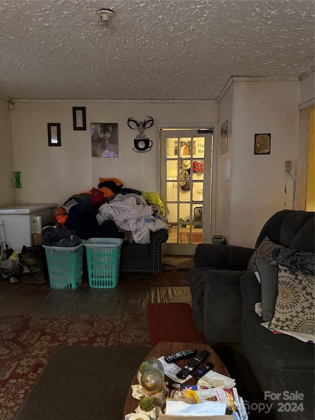 living room with a textured ceiling