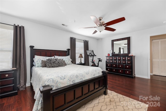 bedroom featuring hardwood / wood-style floors and ceiling fan