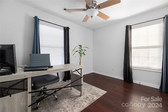 office area featuring ceiling fan, plenty of natural light, and dark hardwood / wood-style floors