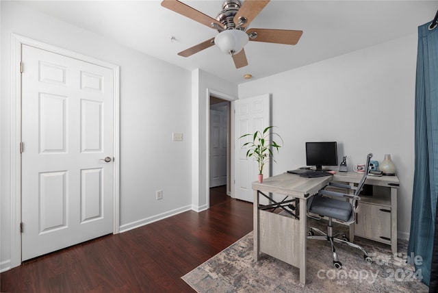 office space featuring ceiling fan and dark wood-type flooring