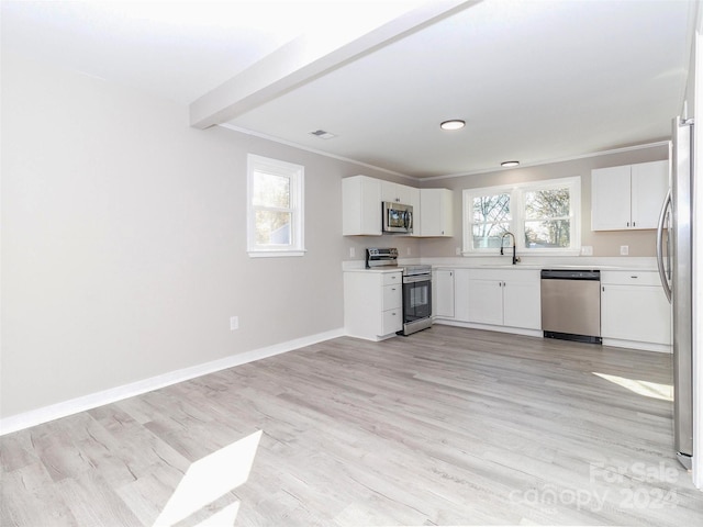 kitchen featuring beam ceiling, sink, light hardwood / wood-style floors, white cabinets, and appliances with stainless steel finishes