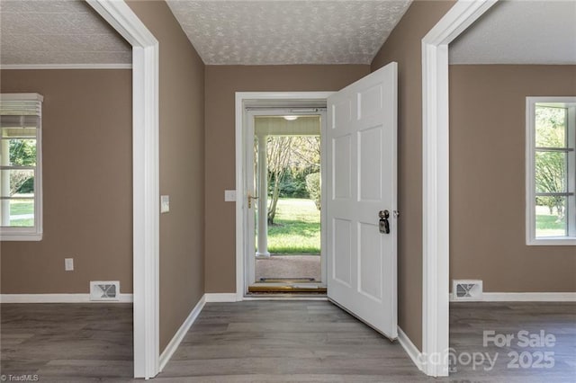 entrance foyer featuring wood-type flooring and a textured ceiling