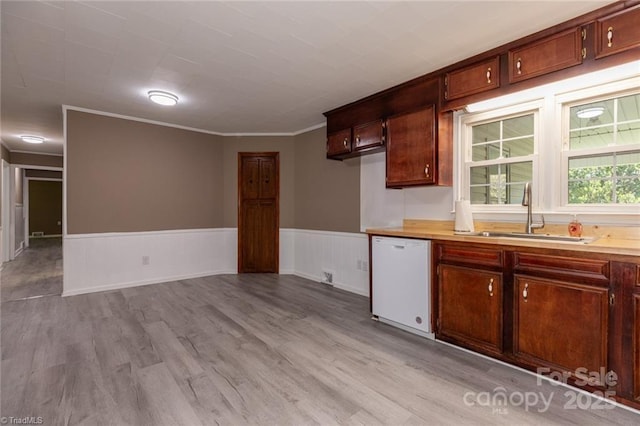 kitchen featuring sink, white dishwasher, ornamental molding, and light hardwood / wood-style flooring