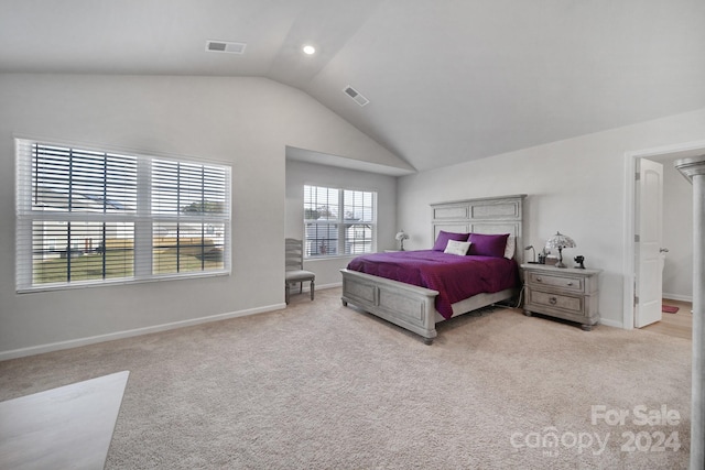 bedroom with lofted ceiling and light carpet