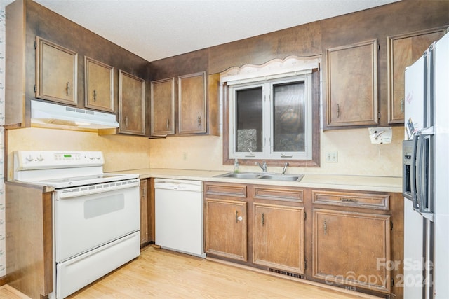 kitchen with light wood-type flooring, white appliances, and sink