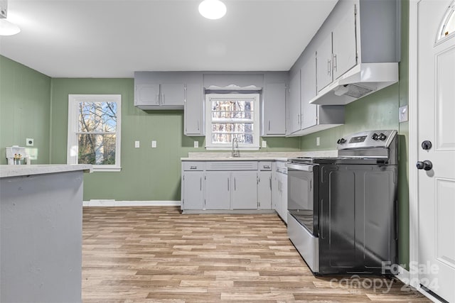 kitchen with gray cabinets, sink, stainless steel range with electric cooktop, and a healthy amount of sunlight