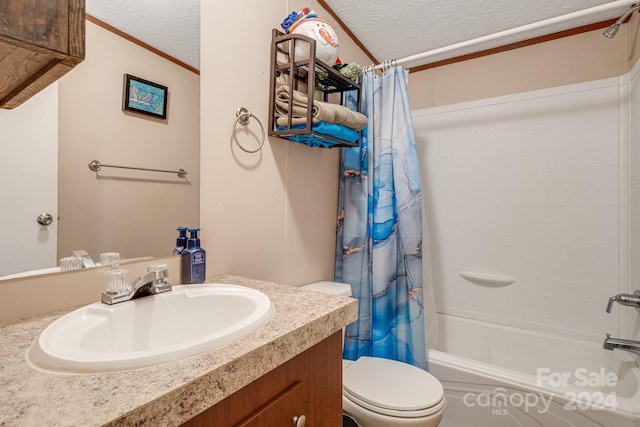 full bathroom featuring ornamental molding, vanity, a textured ceiling, shower / bathtub combination with curtain, and toilet