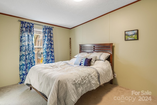 bedroom with carpet flooring, crown molding, lofted ceiling, and a textured ceiling