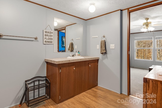 bathroom with vanity, wood-type flooring, a textured ceiling, and ornamental molding