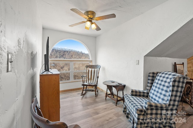 living area featuring light hardwood / wood-style flooring and ceiling fan