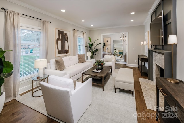 living room featuring light hardwood / wood-style floors and ornamental molding