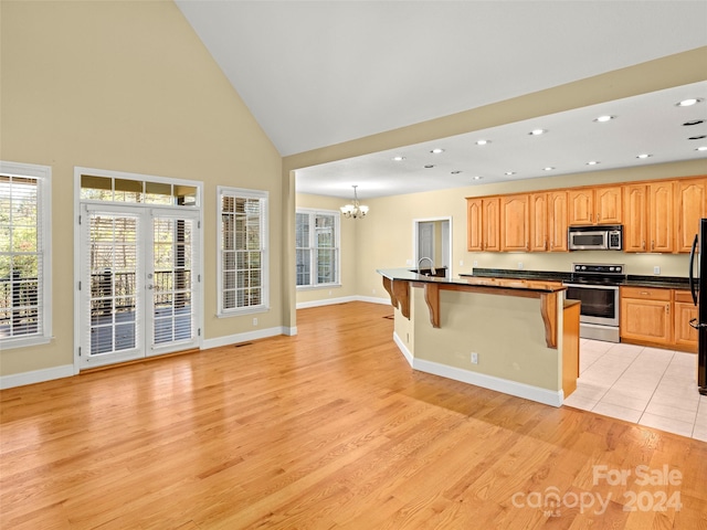 kitchen with decorative light fixtures, light hardwood / wood-style floors, stainless steel appliances, and high vaulted ceiling