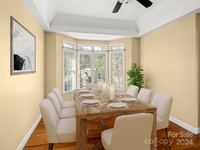 dining space with ceiling fan and hardwood / wood-style flooring