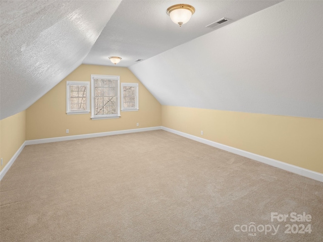 additional living space with a textured ceiling, carpet floors, and vaulted ceiling