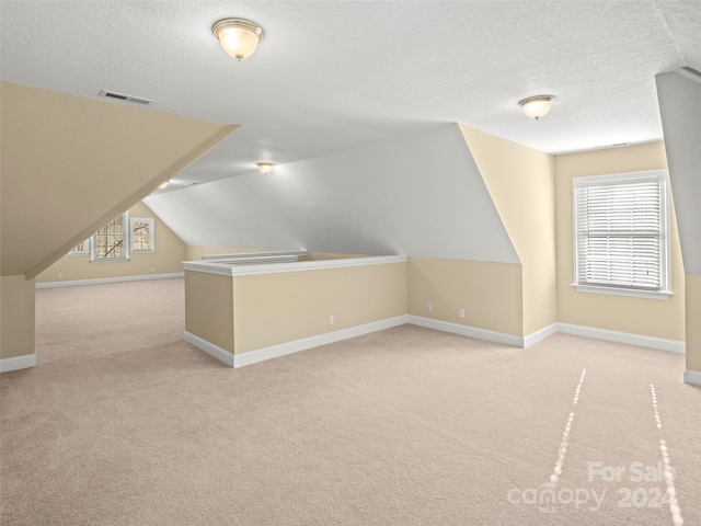 bonus room featuring a textured ceiling, light carpet, and vaulted ceiling