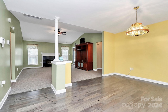 2945 Parks Lafferty Rd, Concord, NC 28025 - kitchen featuring vaulted ceiling, baseboards, dark wood-style flooring, a ceiling fan, and open floor plan