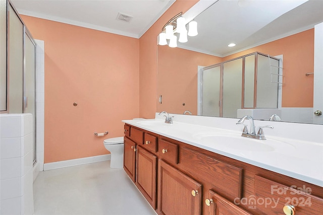 2945 Parks Lafferty Rd, Concord, NC 28025 - bathroom featuring an enclosed shower, double vanity, ornamental molding, toilet, and baseboards